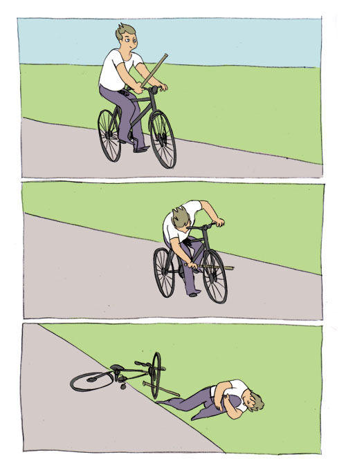 Man sabotaging his own bicycle and blaming the fall